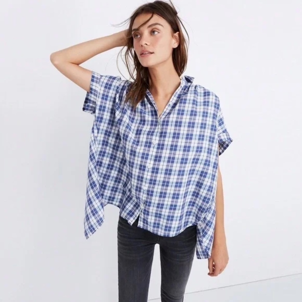 Madewell Plaid Boxy Sleeve Button Down Top with Split Back Size M.